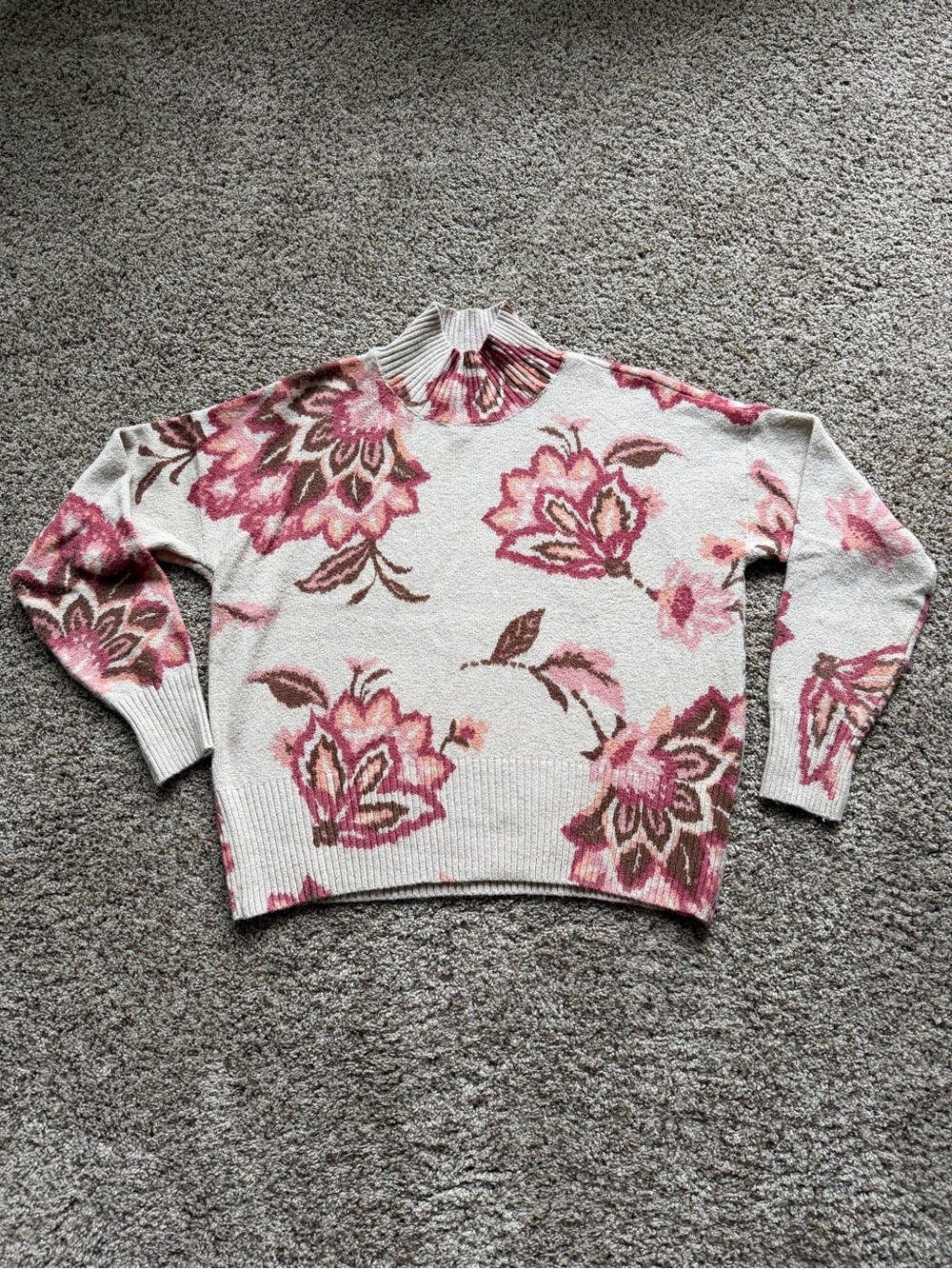 LC Lauren Conrad Cream Turtleneck Sweater with Pink Floral Pattern